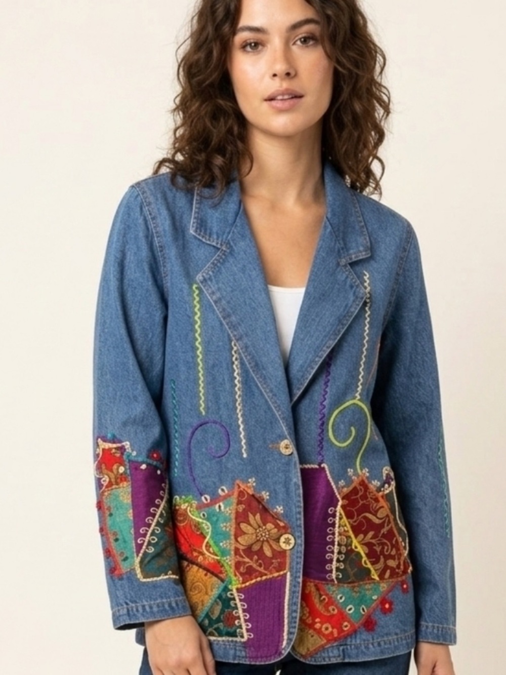 Vintage Indigo Moon Patchwork Embroidered Denim Jacket Boho Art Wear L